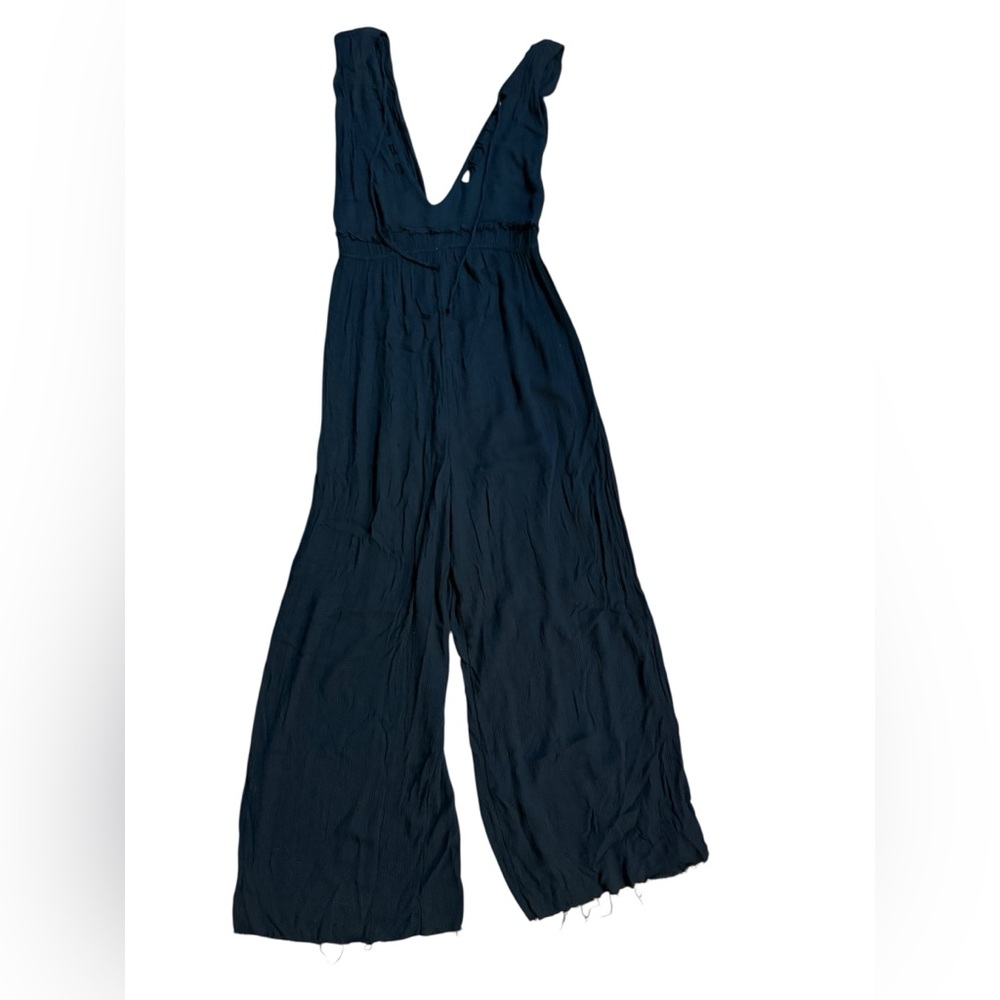 Free People Black Wide Leg Jumpsuit Deep V Neck Boho Flowy‎ Silhouette Sz S